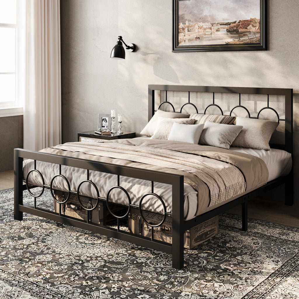 Metal Platform Bed Frame with Vintage Circular Design Headboard and Footboard with Under-Bed Storage