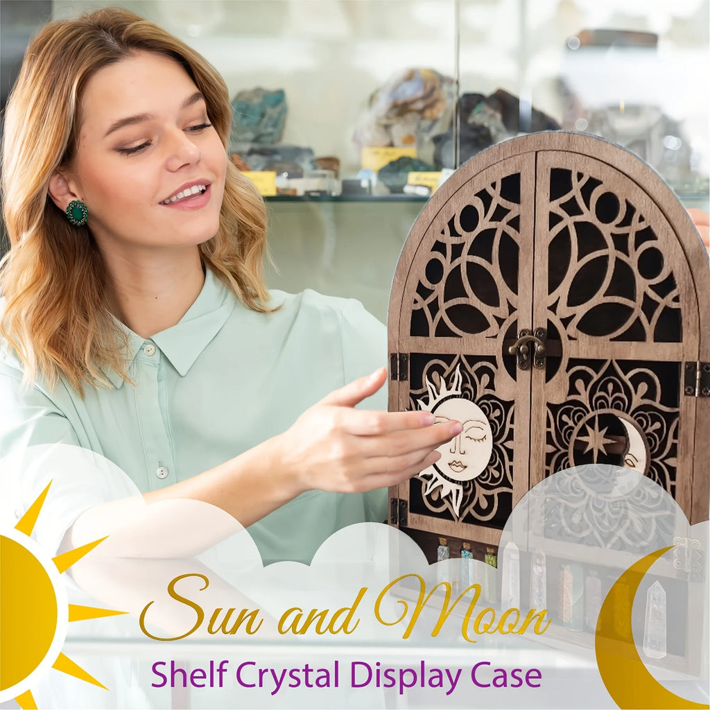 Vintage Wooden Floating Shelves With Sun And Moon Design, Wall Hanging Storage For Crystals
