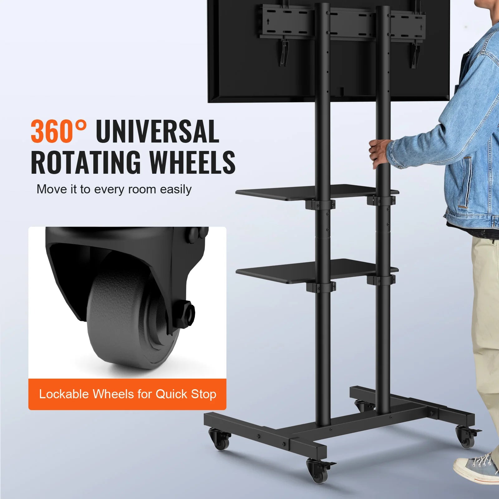Mobile TV Adjustable Stand w/ Wheels Double Tray for Audio-Visual Devices Rolling Stand