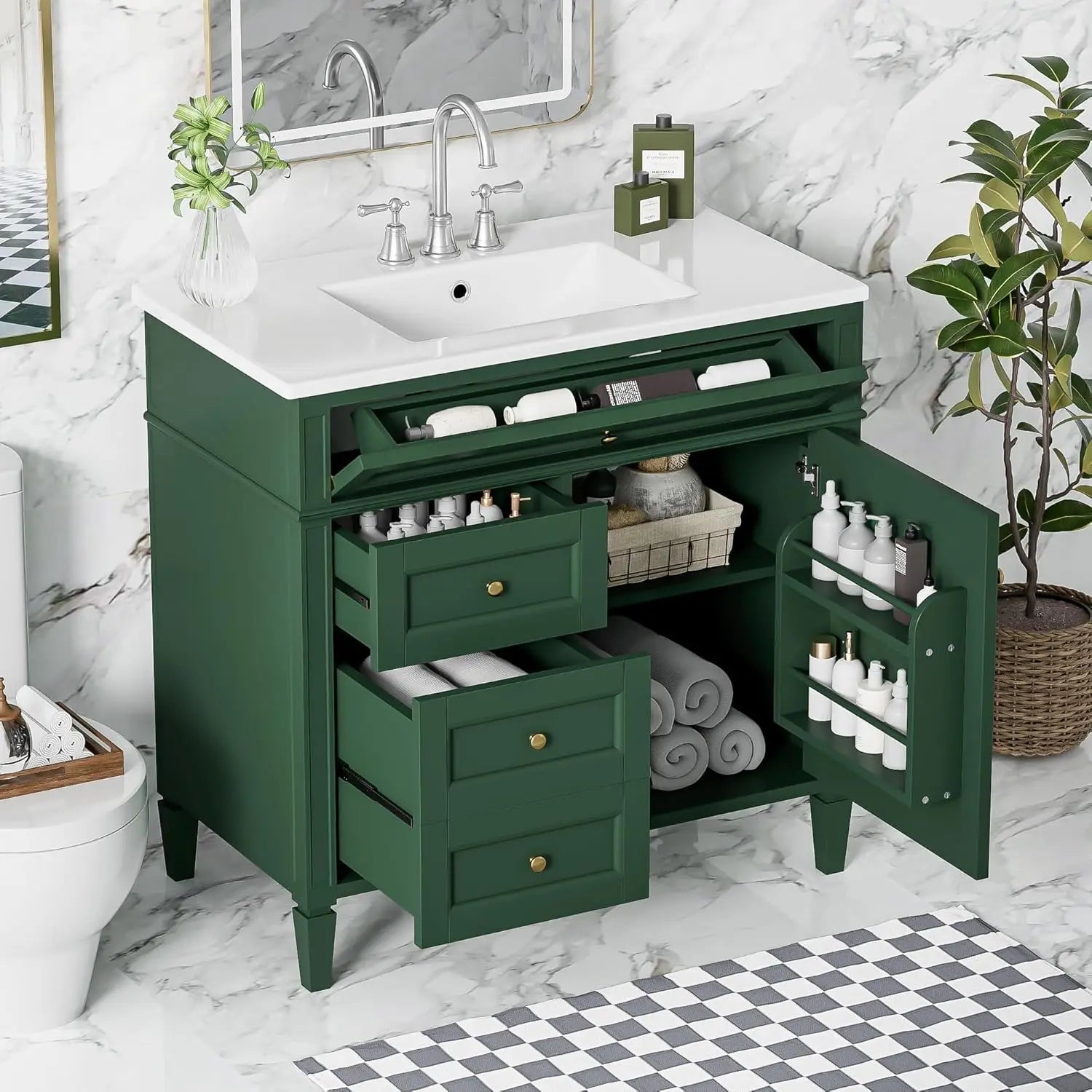 Solid Wood Bathroom Vanity with Soft-Close Doors & Tip-Out Drawer Undermount Sink Cabinet Green