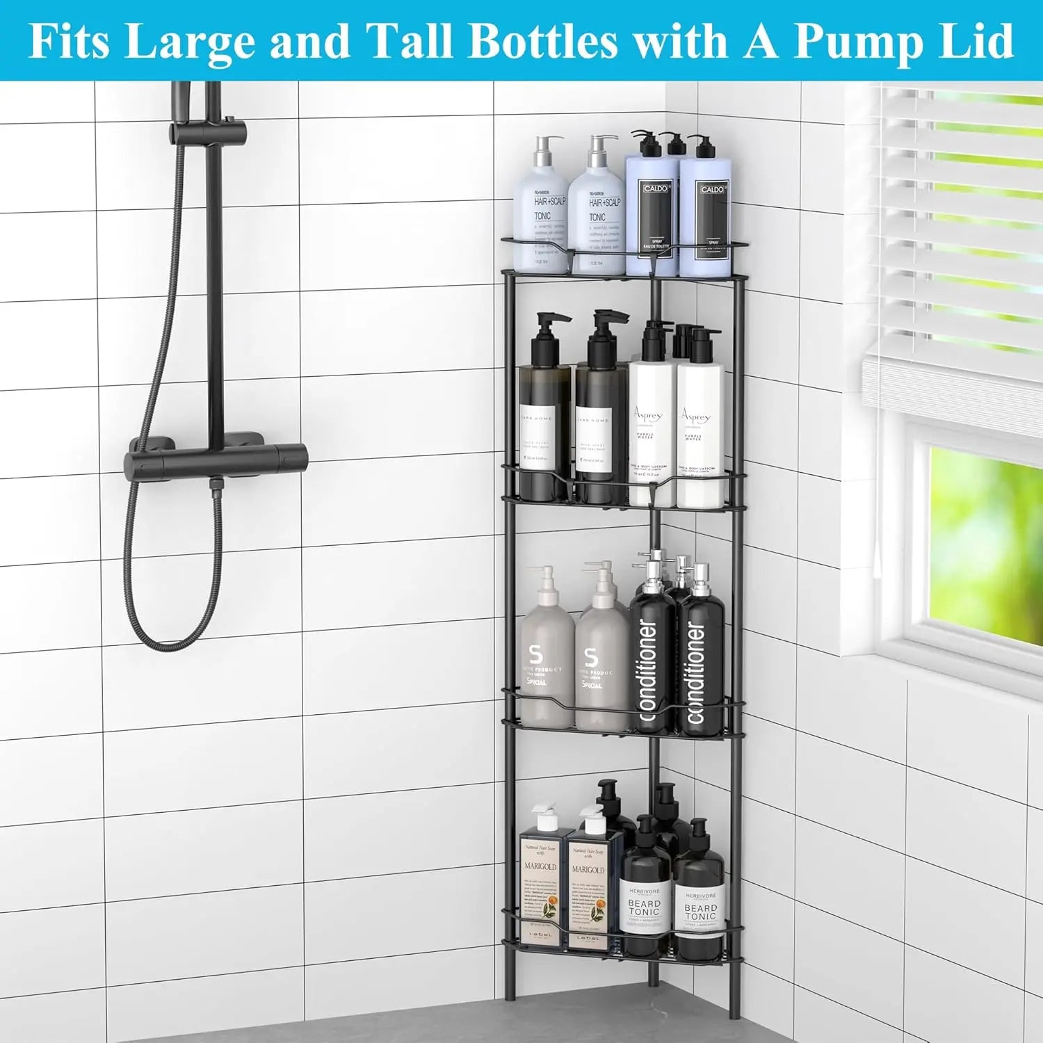 4-Tier Corner Shower Caddy with Hooks, Black Bathroom Shelf Organizer Stand Rack