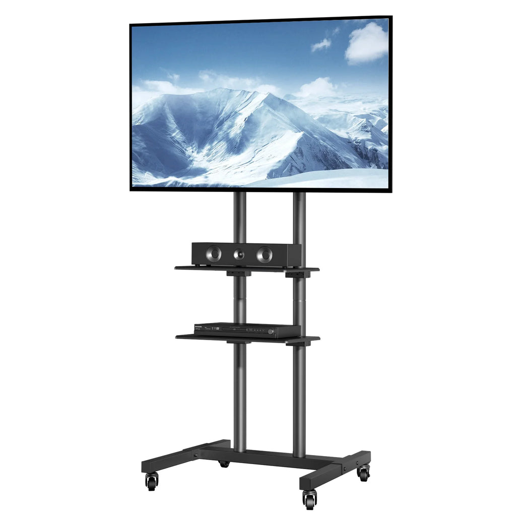 Mobile TV Adjustable Stand w/ Wheels Double Tray for Audio-Visual Devices Rolling Stand
