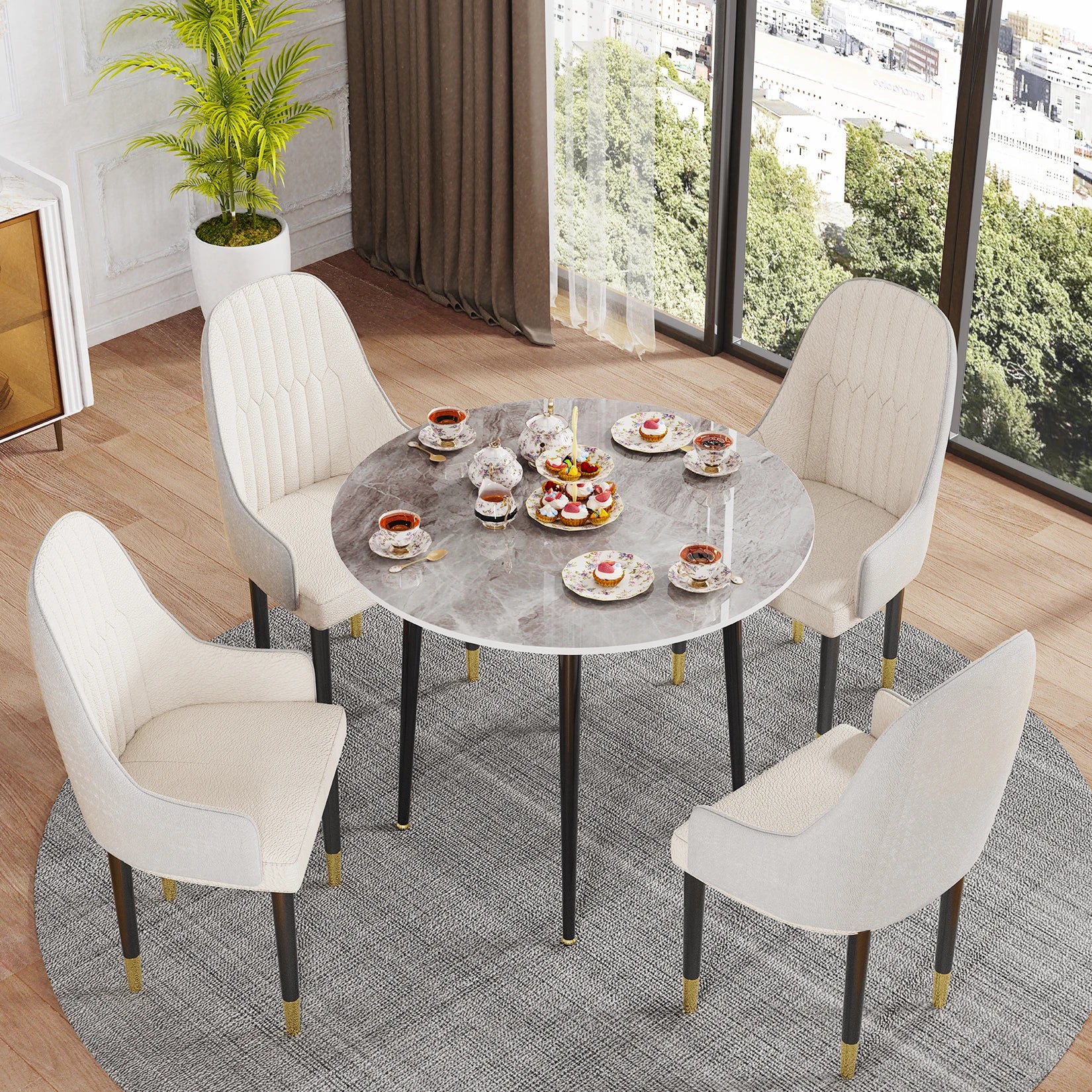 32" Sintered Stone Dining Round Reception Coffee Table with Black Metal Legs