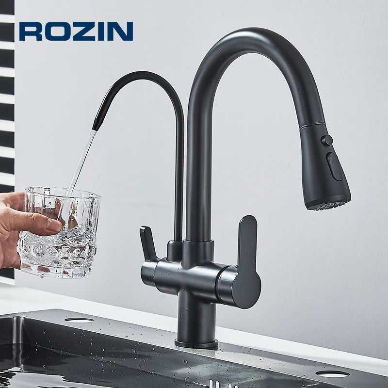 Purification Water Kitchen Faucet Black 360° Rotating Filter Water Faucets Pull Out Sprayer 3 Ways Hot Cold Water
