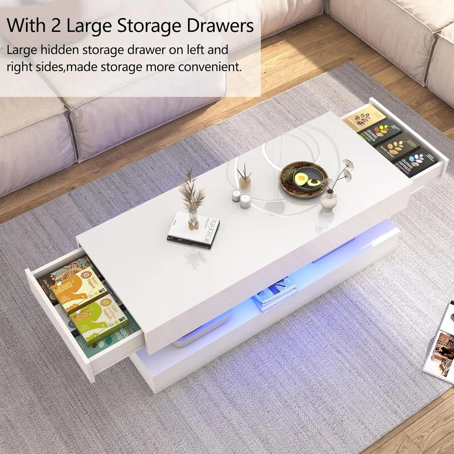 Modern Stylish Coffee Table with LED lights, Double-Layer Design with 2 Storage Drawers
