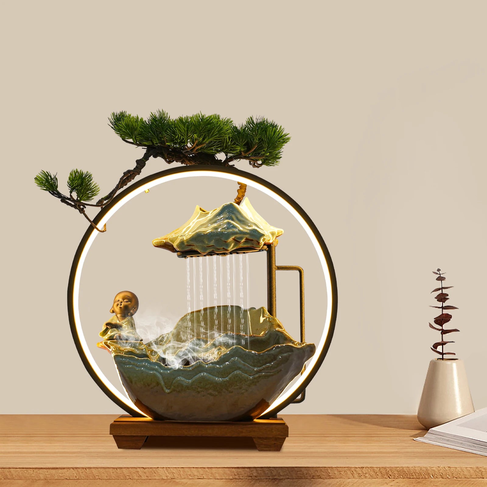 Desktop Water Fountain and Book Monk Ceramic Table Fixture