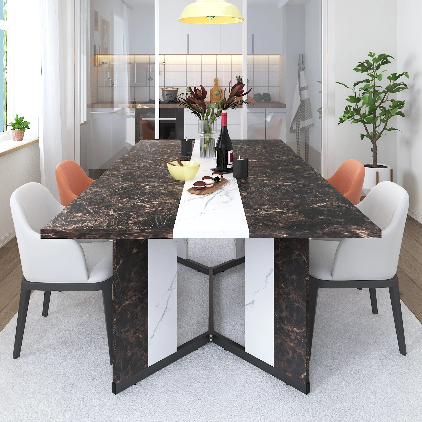 Large Rectangular White Dining Table for up to 10 People w/Marble Color, Wood Tabletop, Metal Leg