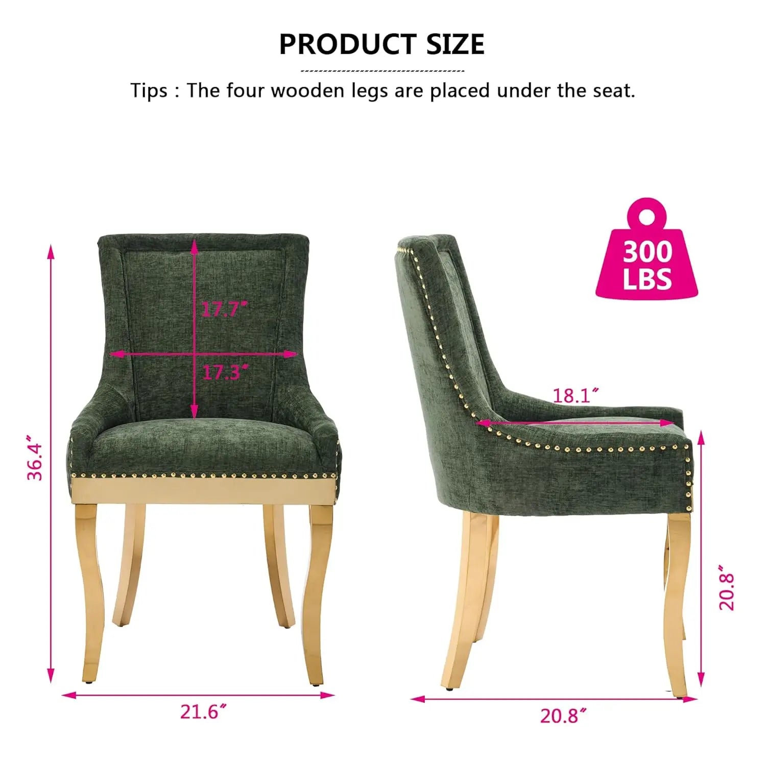 Upholstered Dining Chairs Set of 2 Neutral Chenille Trim Padded Olive Green Gold, Customized