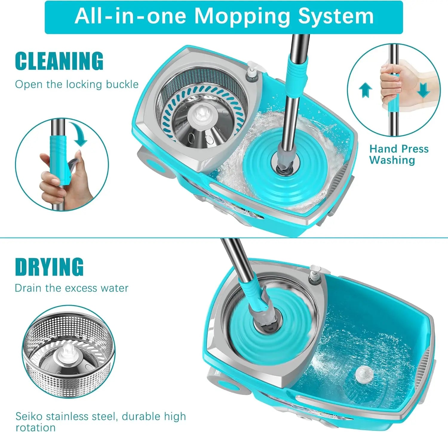 360 Spin Mop and Bucket Set with Wringer, 6 Microfiber Heads, 61" Adjustable Handle, Wheels for Easy Floor Cleaning