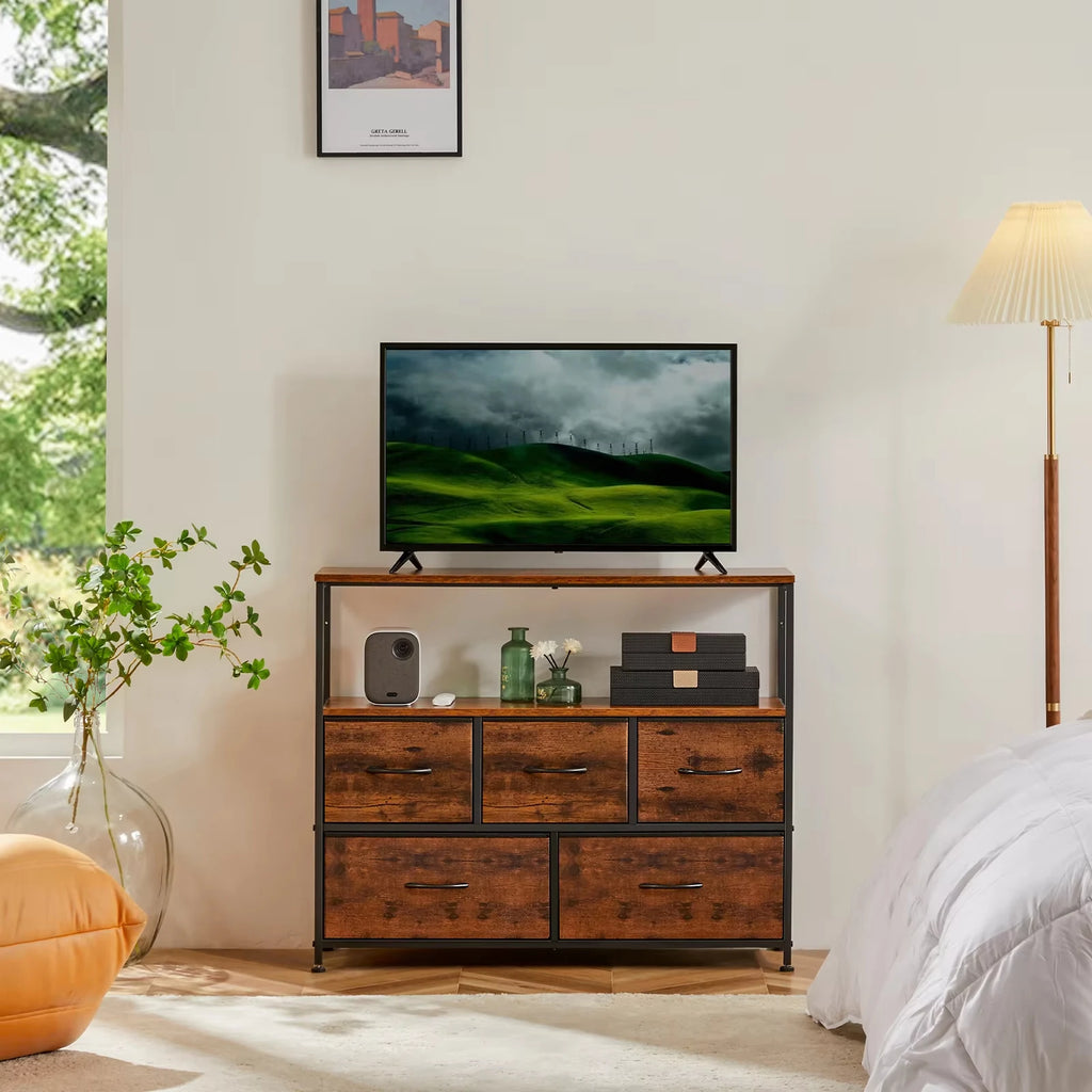 Fireplace TV Stand Dresser With 5 Fabric Drawers Storage Chest