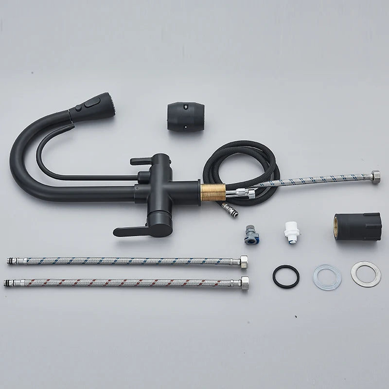 Purification Water Kitchen Faucet Black 360° Rotating Filter Water Faucets Pull Out Sprayer 3 Ways Hot Cold Water