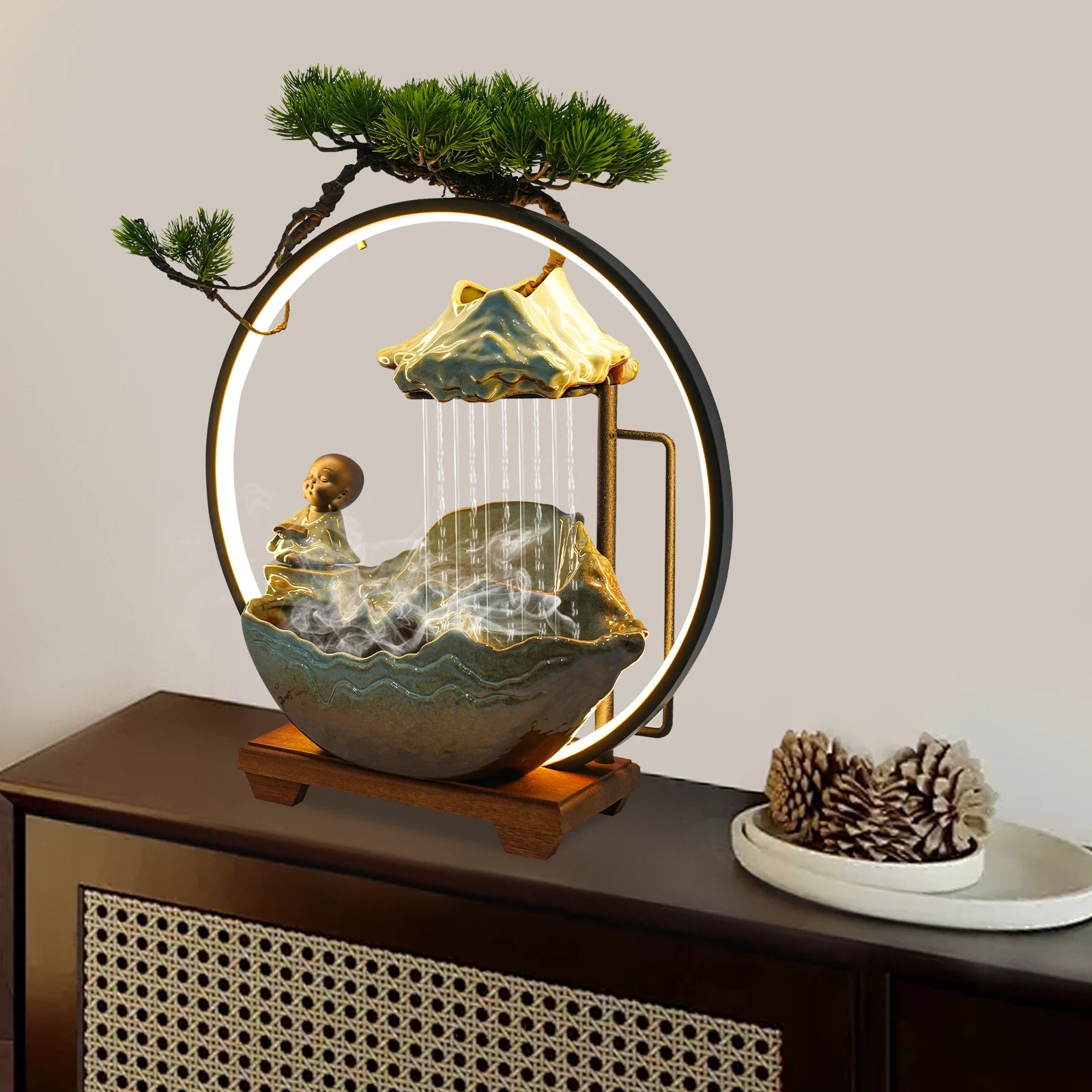 Desktop Water Fountain and Book Monk Ceramic Table Fixture