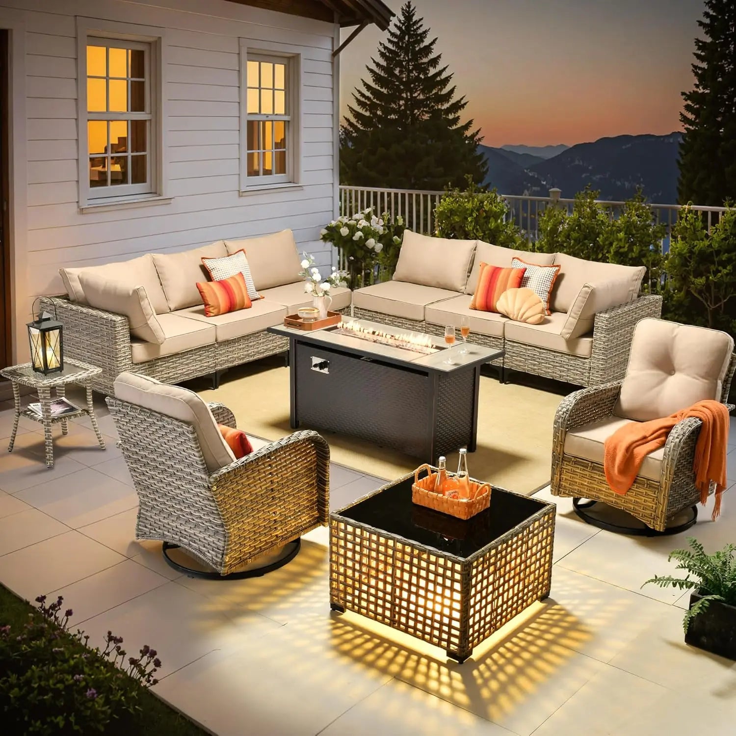 Outdoor Sectional Patio Furniture with Fire Pit Table and Swivel Rocking Chairs