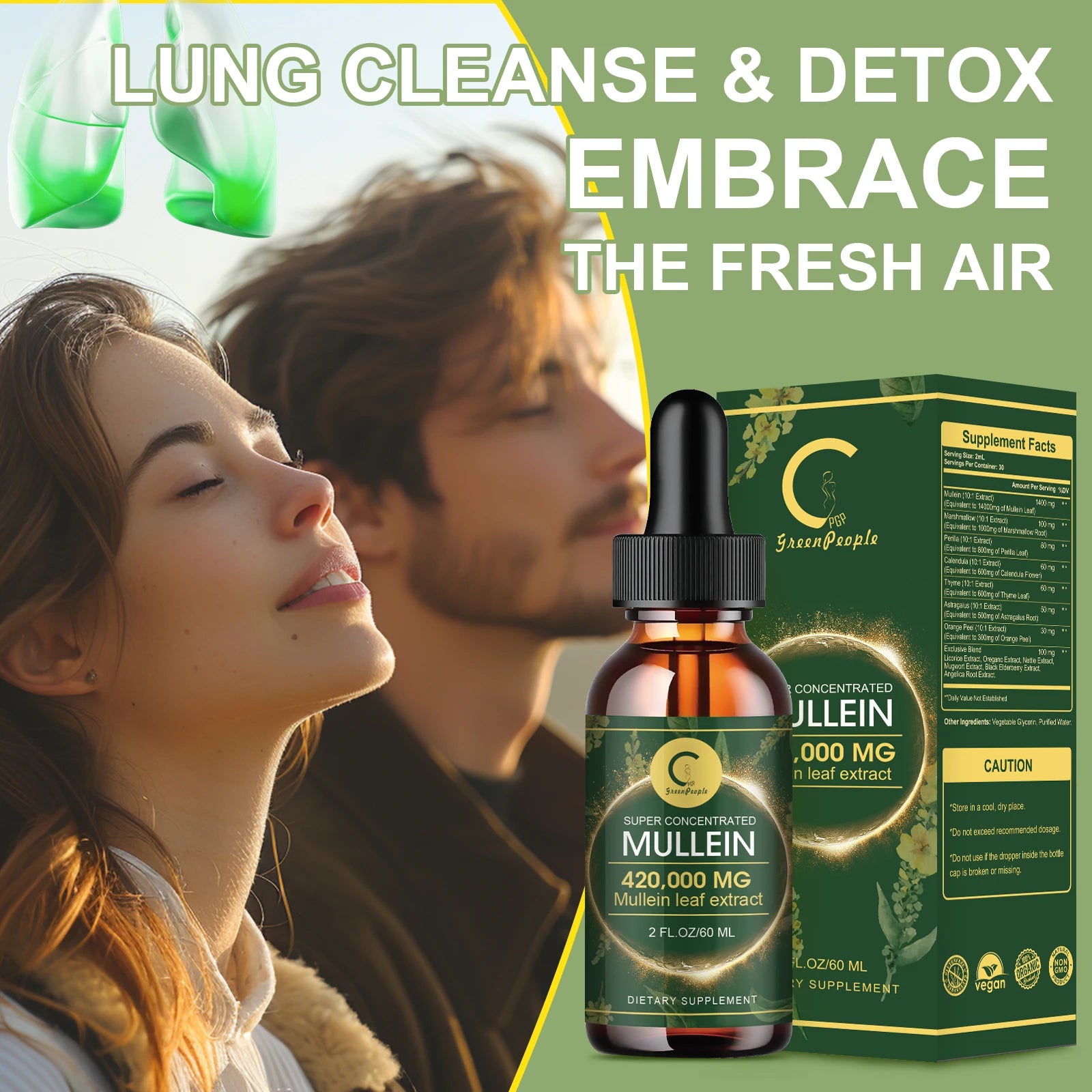 60ML Mullein Drops for Lungs Health ,Lung Detox & Cleanse, Support for Respiratory, Immune, Digestive System
