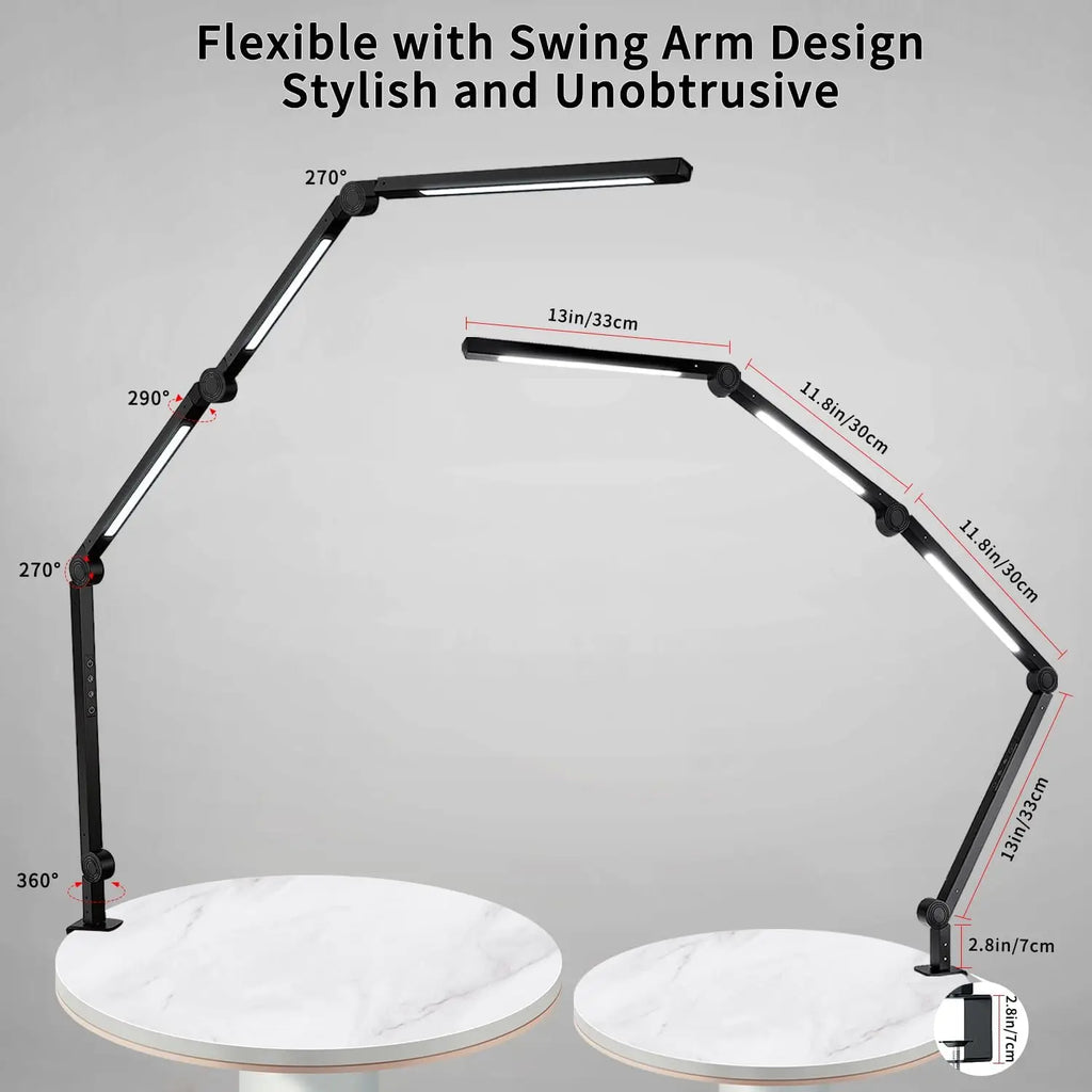 LED Desk Lamp with Clamp Flexible 4 sections Swing Arm Three light desk light, 4 Color Modes & 5 Brightness
