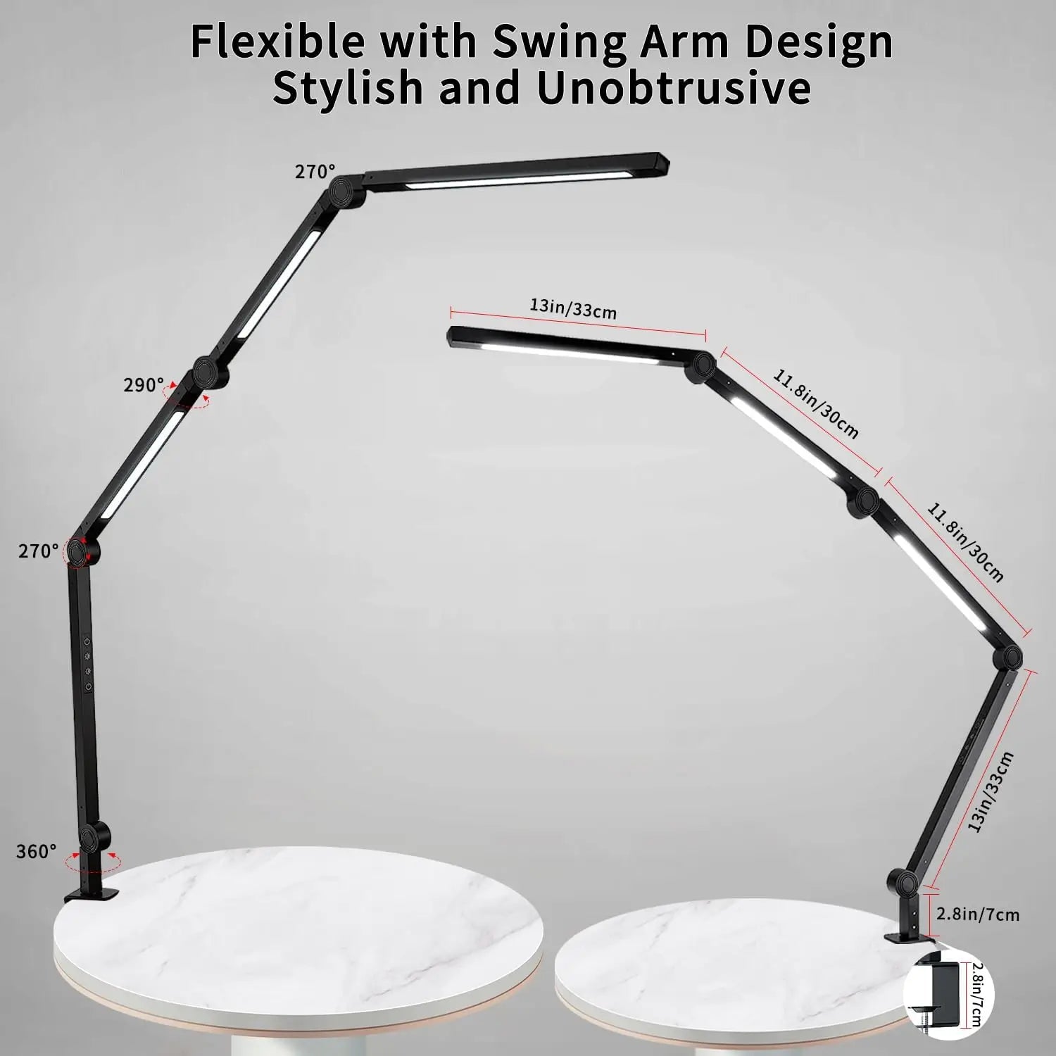 LED Desk Lamp with Clamp Flexible 4 sections Swing Arm Three light desk light, 4 Color Modes & 5 Brightness