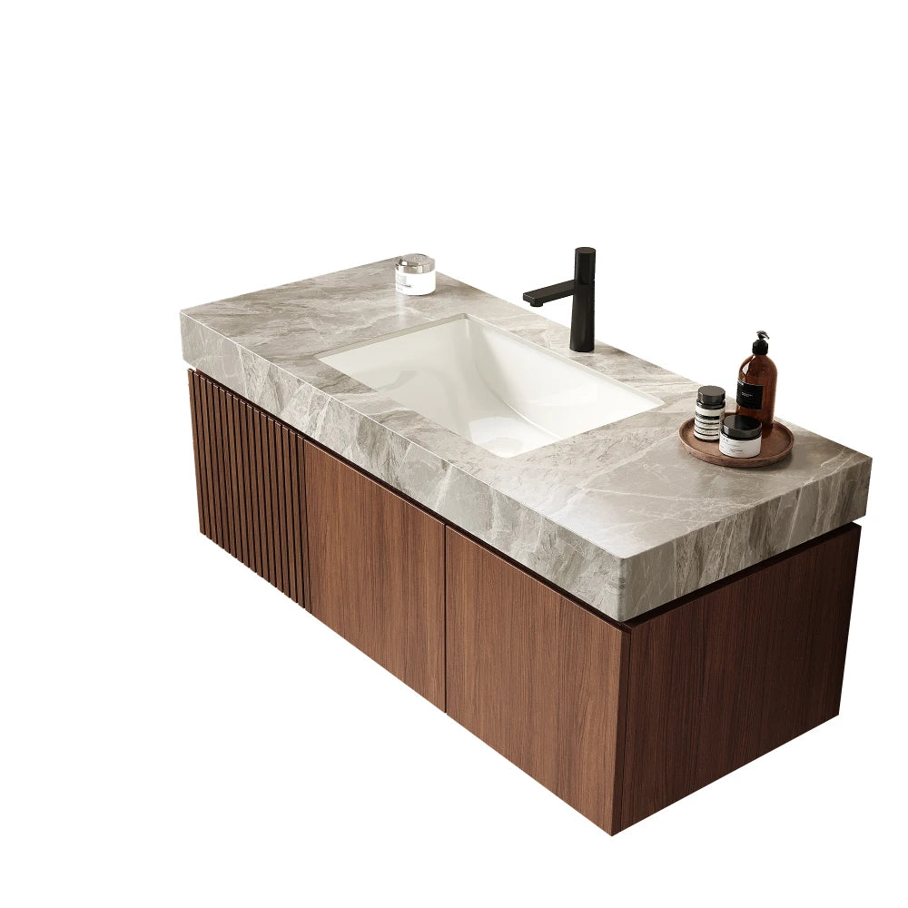 Bathroom Vanity with Sink, Wall-Mounted Plywood Bathroom Storage Cabinet with Drawer and Doors, Light Gray Sintered Stone