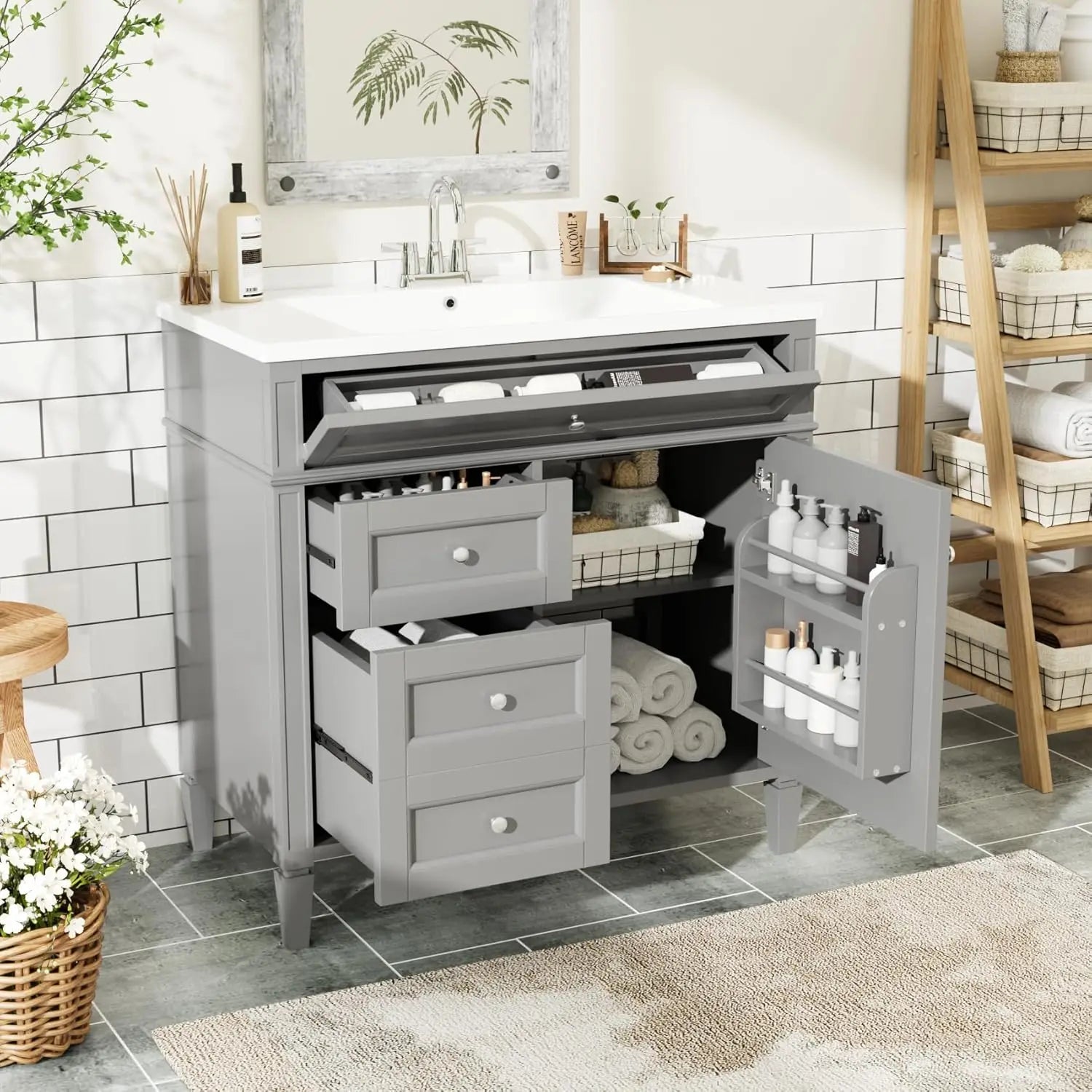 Solid Wood Bathroom Vanity with Soft-Close Doors & Tip-Out Drawer Undermount Sink Cabinet Green