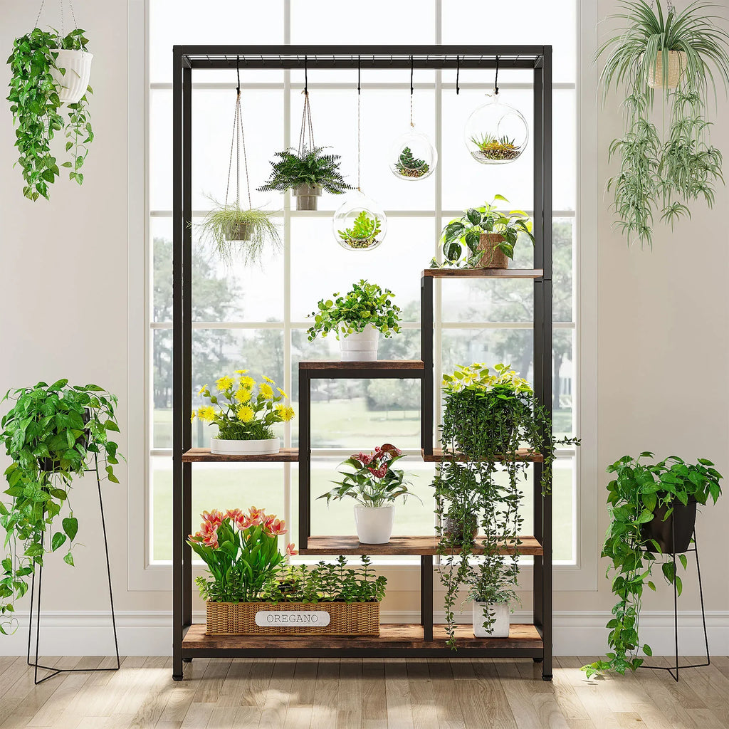 5 Tiers Tall Indoor Plant Stand Large Metal Plant Shelf with 10 PC S Hanging Hooks for Garden