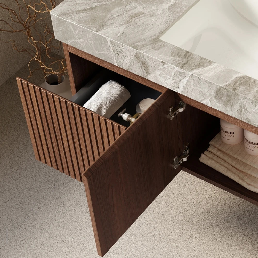 Bathroom Vanity with Sink, Wall-Mounted Plywood Bathroom Storage Cabinet with Drawer and Doors, Light Gray Sintered Stone