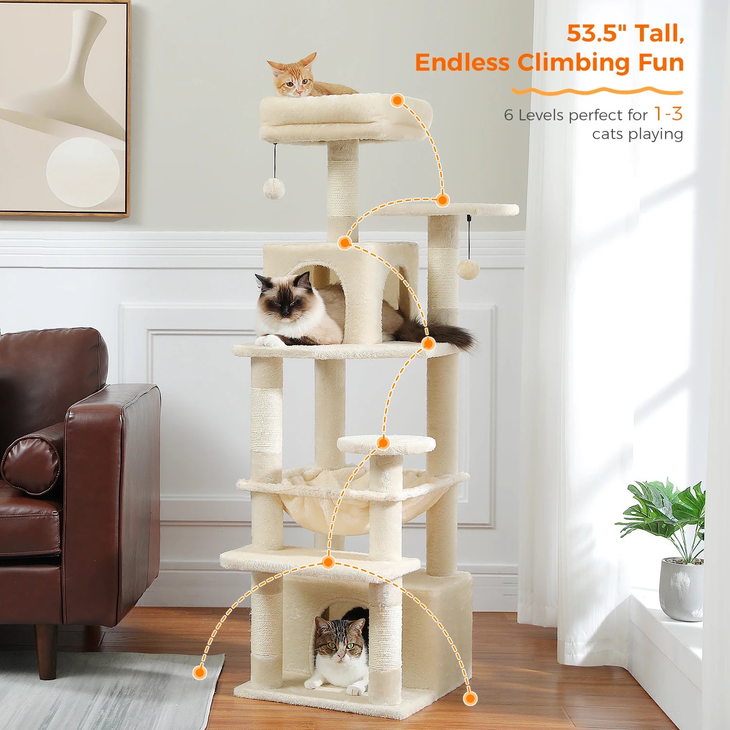 Large Cat Tree and Tower for Indoor Cats With Sisal-Covered Scratching Posts Spacious Hammock