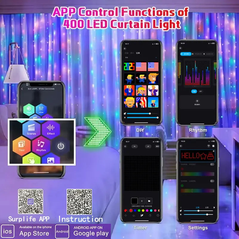 400 LED Smart Curtain String Lights with App Remote Control Music Sync String Outdoor Lights