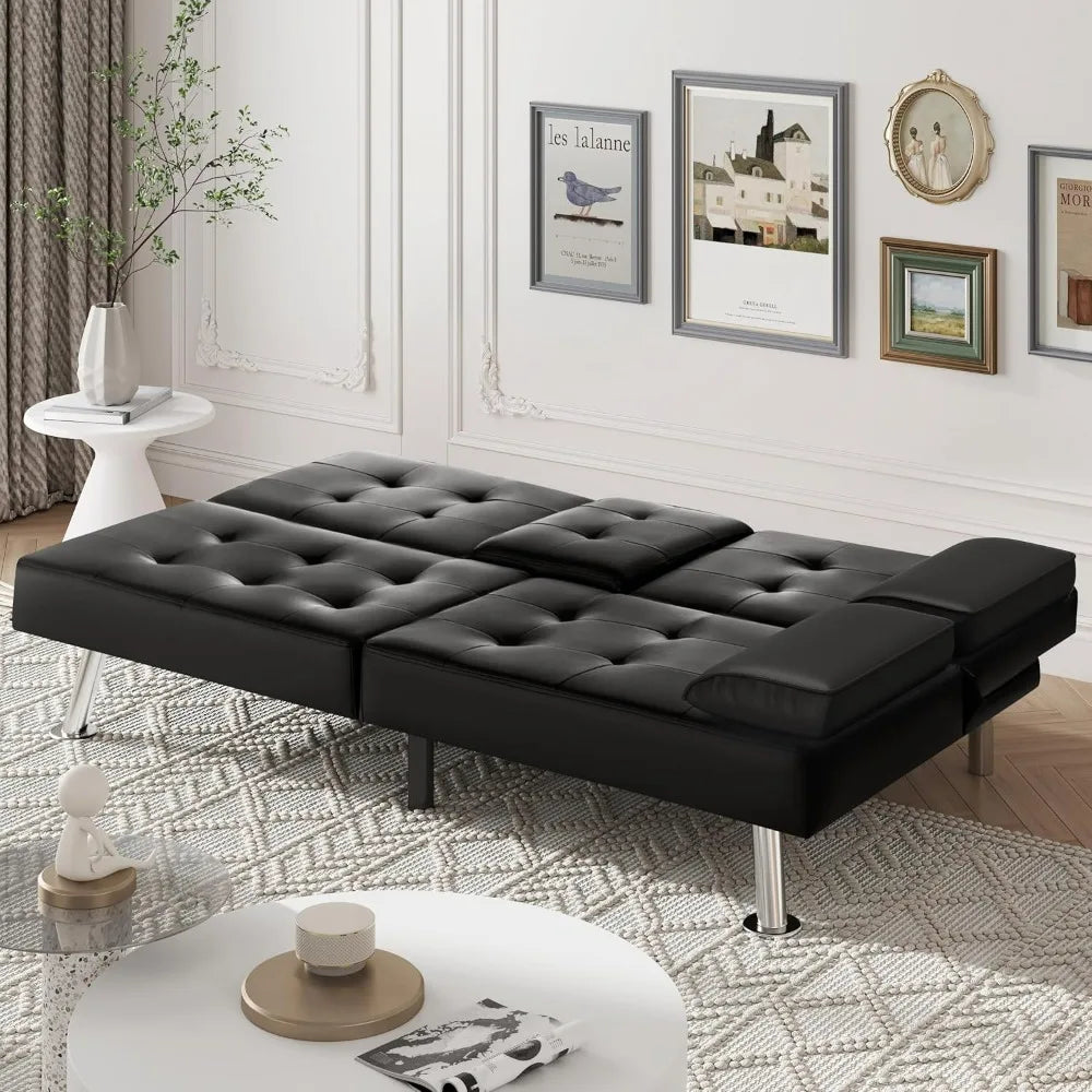 Futon Sofa Bed Modern Faux Leather Couch Bed Convertible Folding Recliner with 2 Cup Holders and Armrest