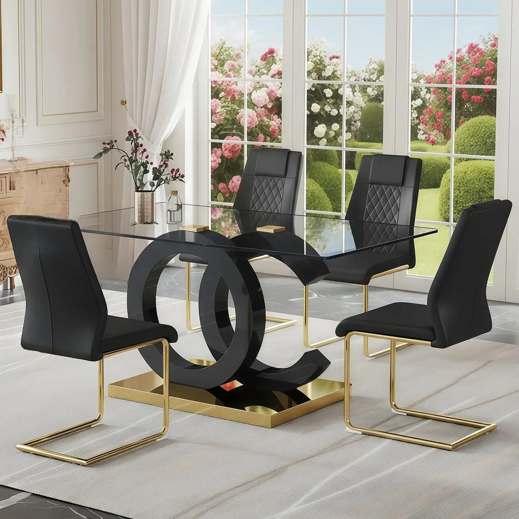Glass Modern Rectangular Table with Tempered Glass Top and Black/Gold OC Design Base