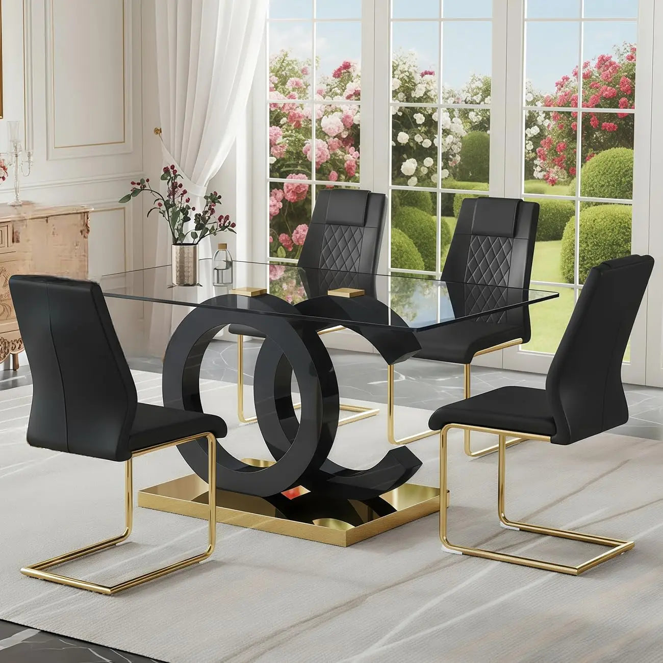 Glass Modern Rectangular Table with Tempered Glass Top and Black/Gold OC Design Base