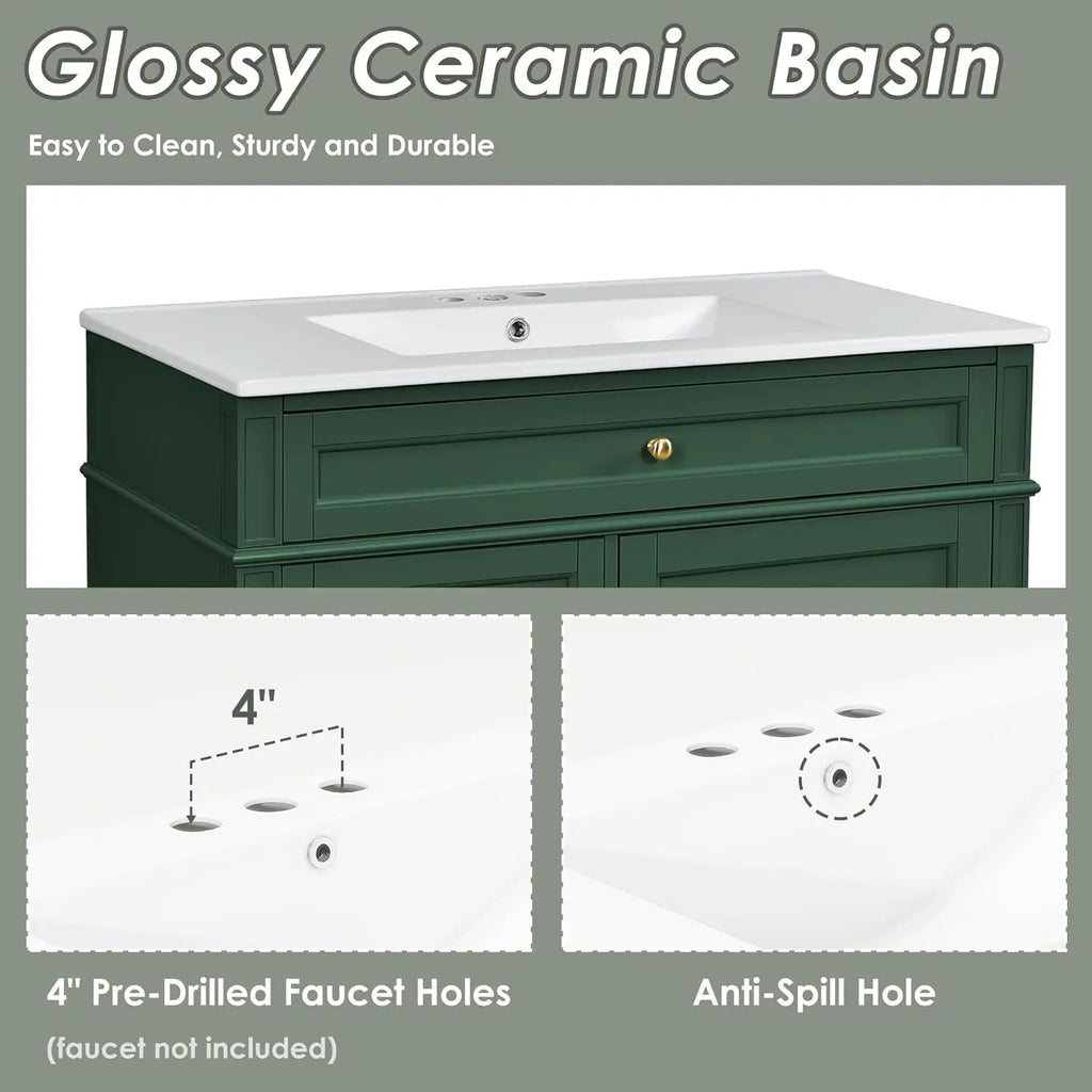 Solid Wood Bathroom Vanity with Soft-Close Doors & Tip-Out Drawer Undermount Sink Cabinet Green