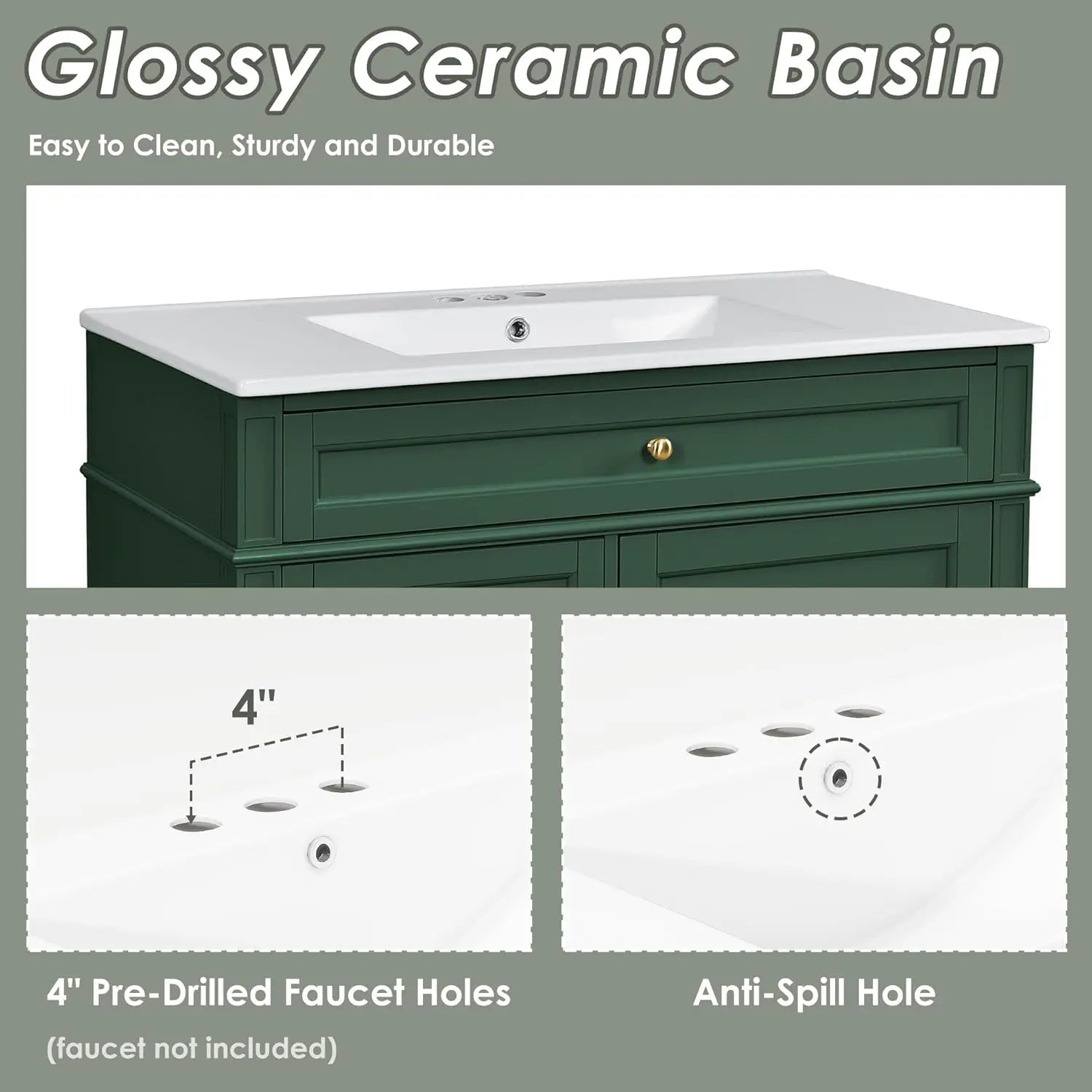 Solid Wood Bathroom Vanity with Soft-Close Doors & Tip-Out Drawer Undermount Sink Cabinet Green