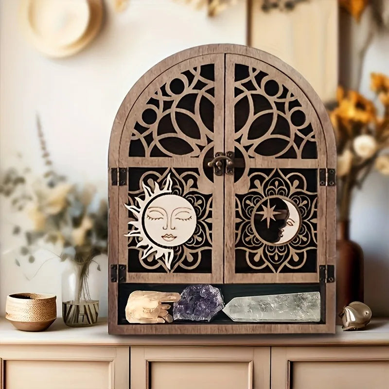 Vintage Wooden Floating Shelves With Sun And Moon Design, Wall Hanging Storage For Crystals