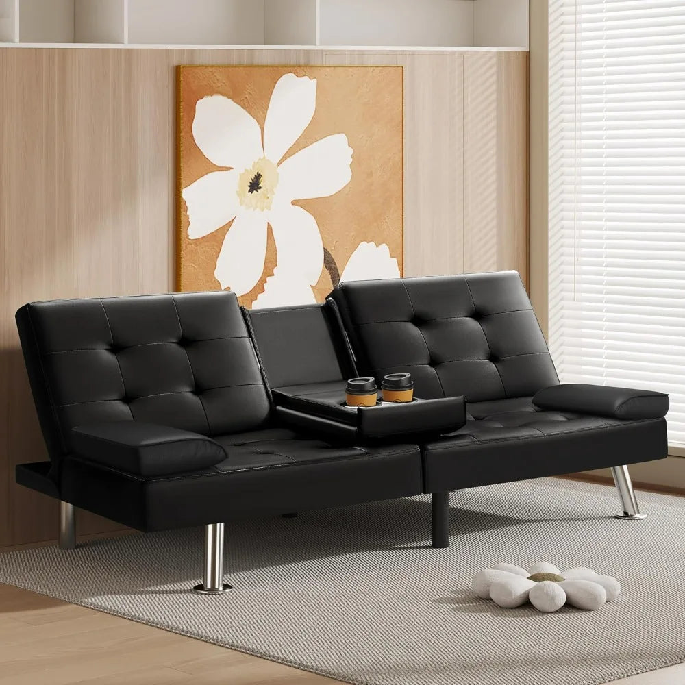 Futon Sofa Bed Modern Faux Leather Couch Bed Convertible Folding Recliner with 2 Cup Holders and Armrest