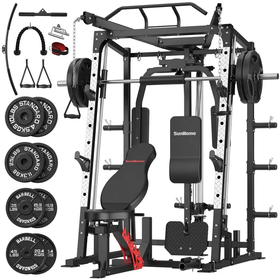 Smith Machine, Power Cage Squat Rack with Smith Bar, LAT PullDown Systems, Cable Crossover Machine and Cable Attachment f