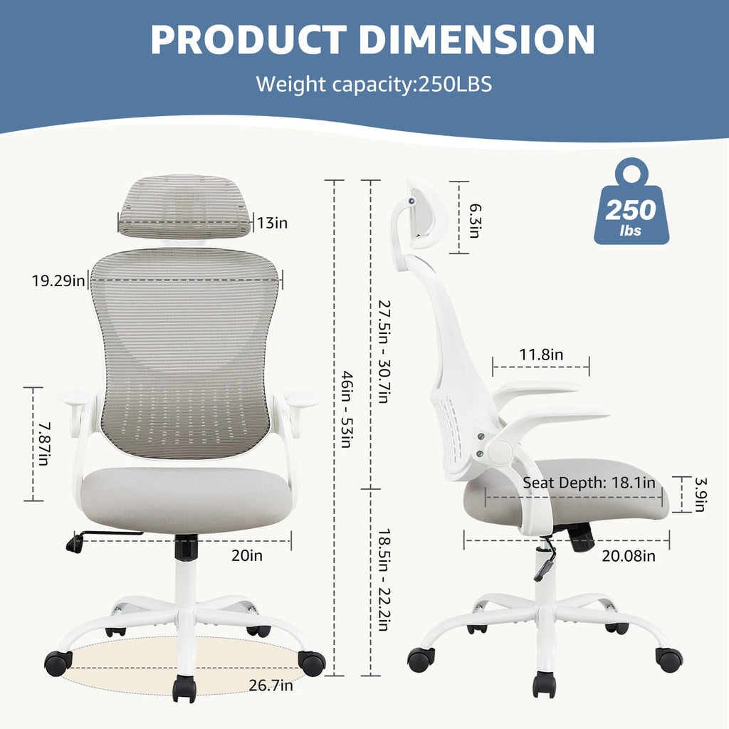 Ergonomic Office Computer Desk Chair Flip-up Arms Adjustable Headrests Comfortable Lumbar Support