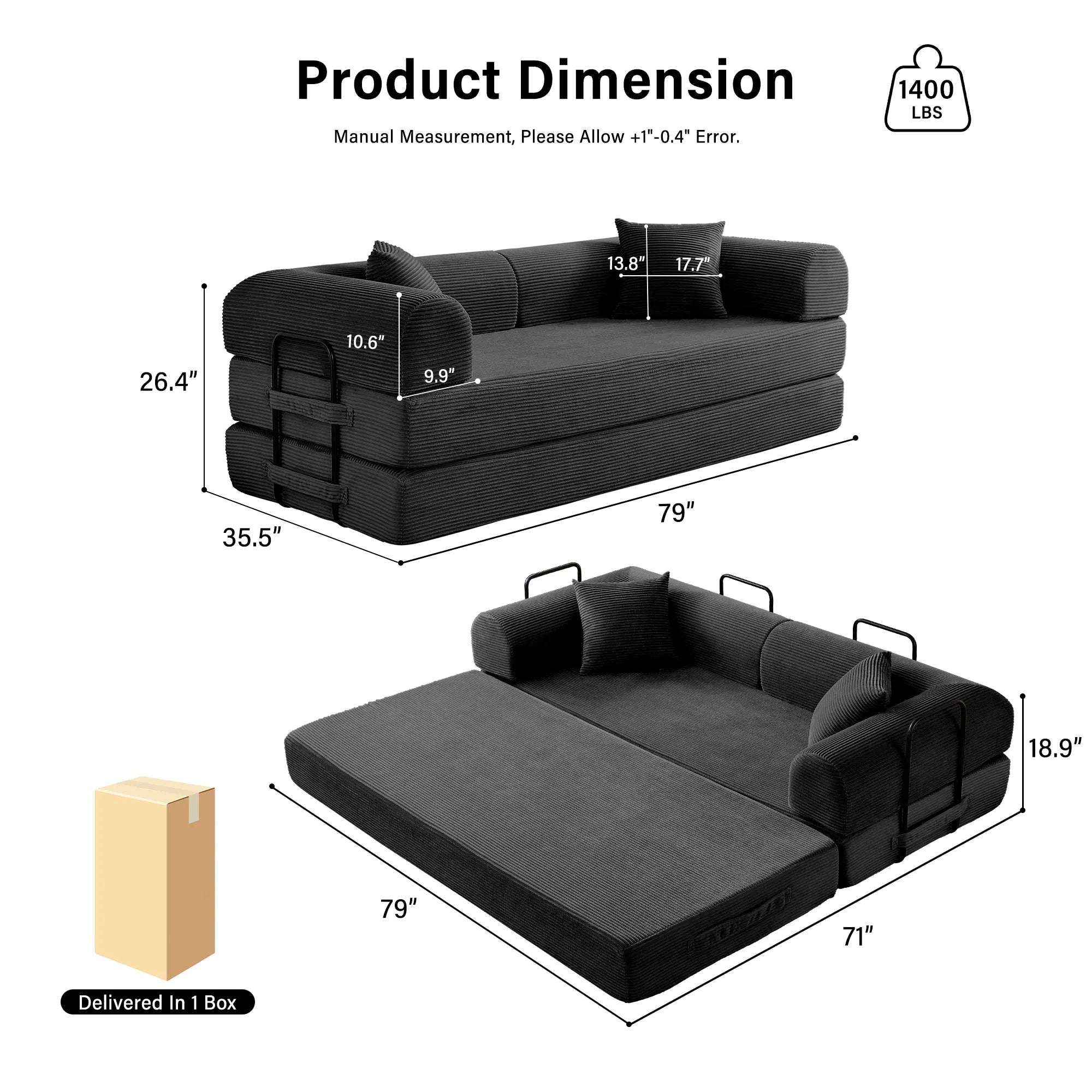 Foldable Convertible Futon Sofa Bed Floor Lounge with L-Shaped Armrest