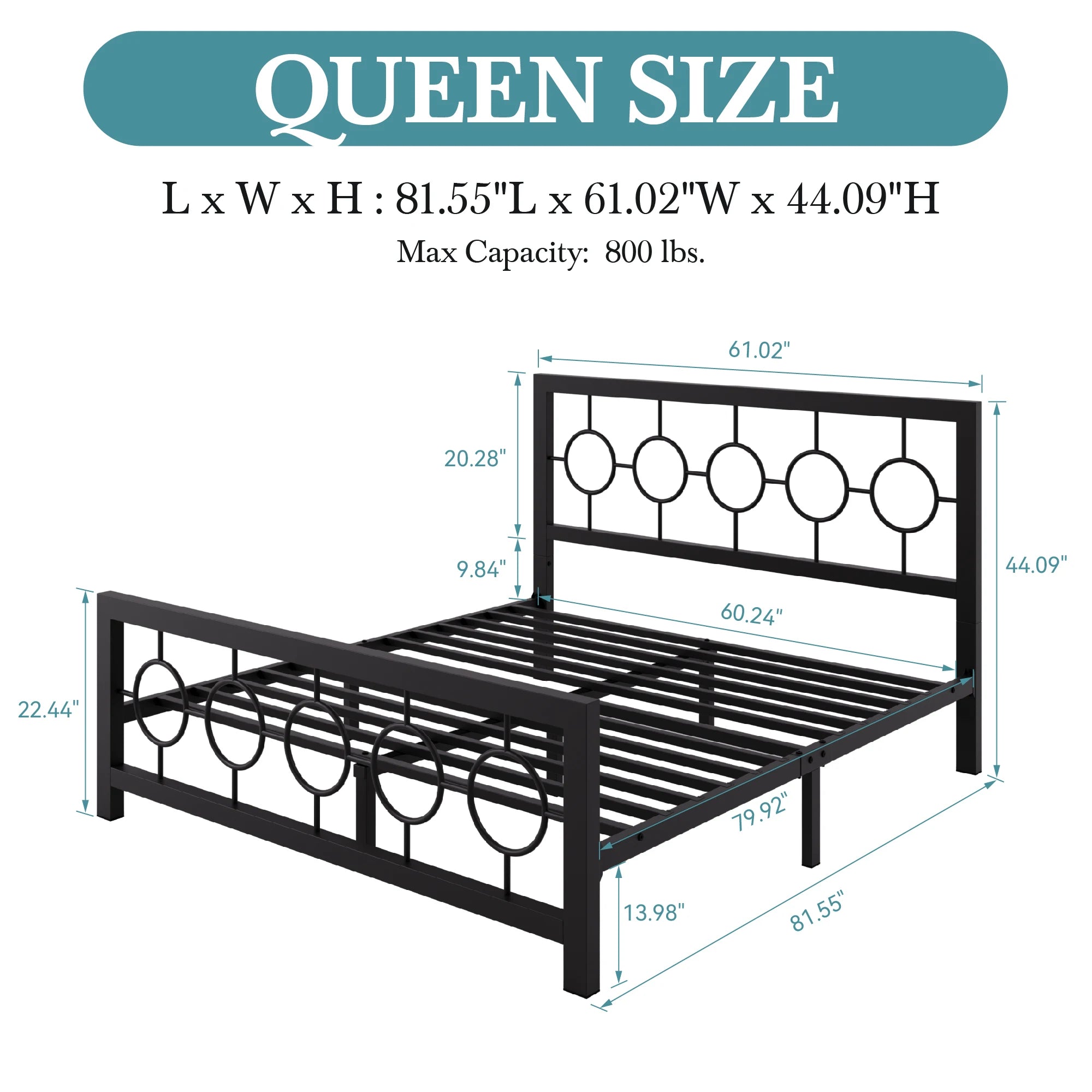 Metal Platform Bed Frame with Vintage Circular Design Headboard and Footboard with Under-Bed Storage