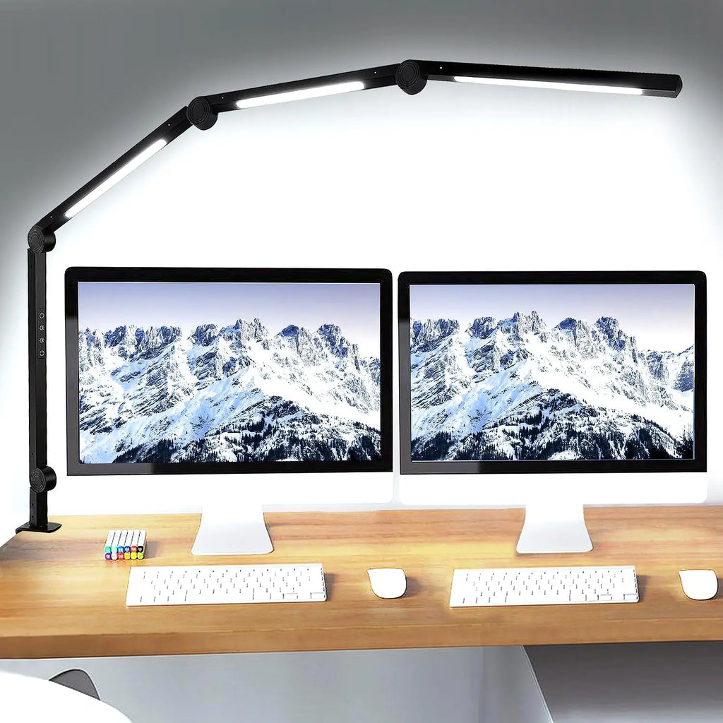 LED Desk Lamp with Clamp Flexible 4 sections Swing Arm Three light desk light, 4 Color Modes & 5 Brightness