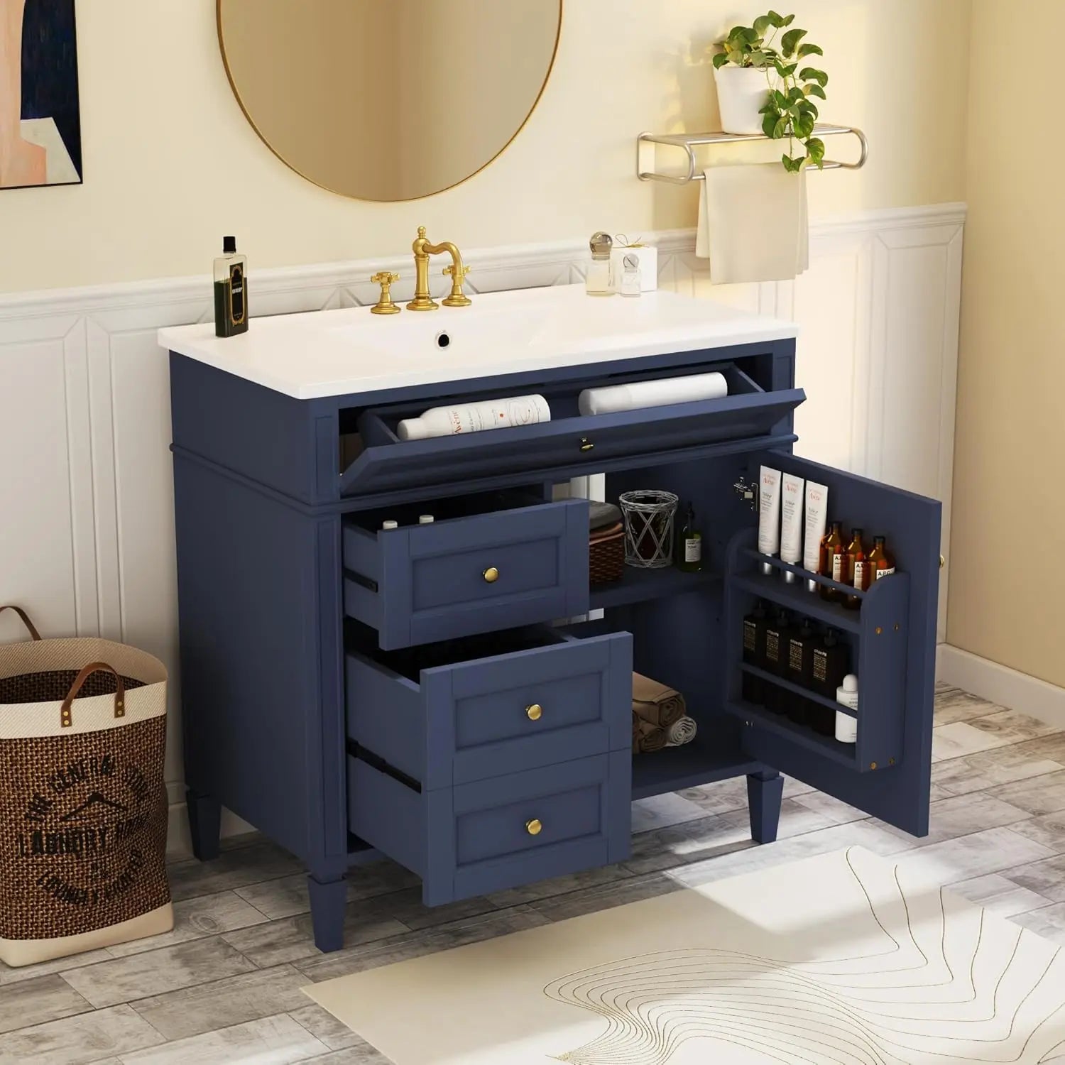 Solid Wood Bathroom Vanity with Soft-Close Doors & Tip-Out Drawer Undermount Sink Cabinet Green