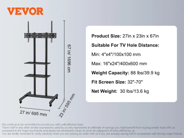 Mobile TV Adjustable Stand w/ Wheels Double Tray for Audio-Visual Devices Rolling Stand
