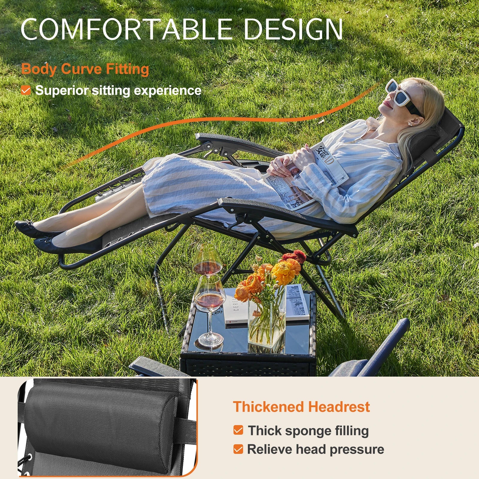 Zero Gravity Set of 2 Portable Recliner Patio Outdoor Garden Lounge Chair with Cup Holder Trays Adjustable Pillow