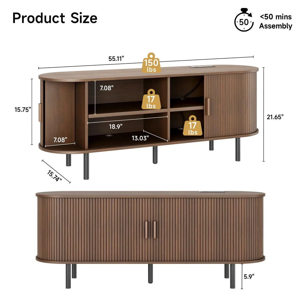 TV Stand Living Room Furniture with Power Outlet for TVs up to 70" with Sliding Doors Storage Adjustable Shelves
