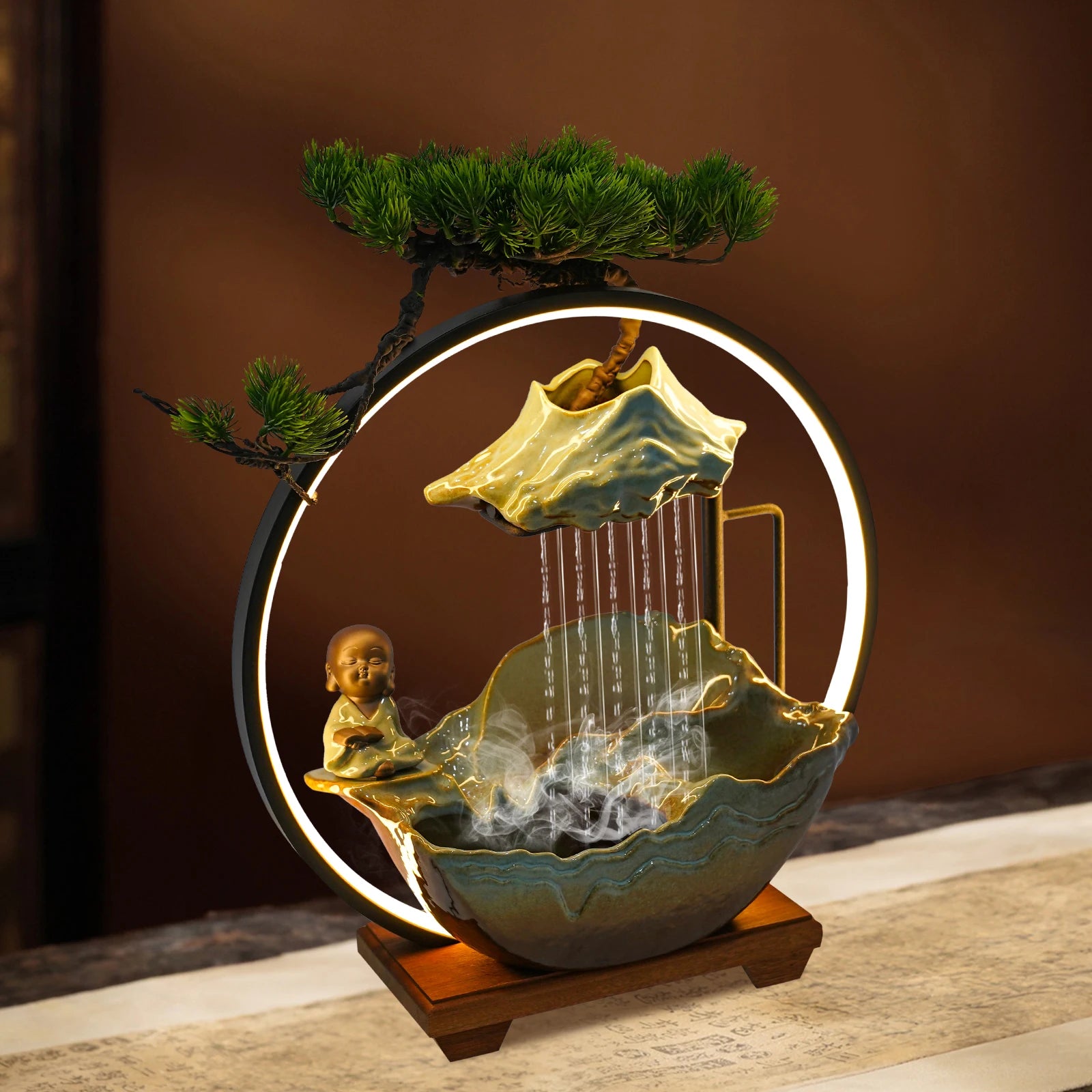 Desktop Water Fountain and Book Monk Ceramic Table Fixture