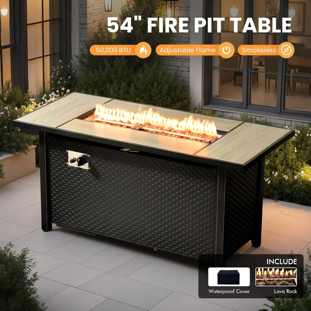 Outdoor Sectional Patio Furniture with Fire Pit Table and Swivel Rocking Chairs