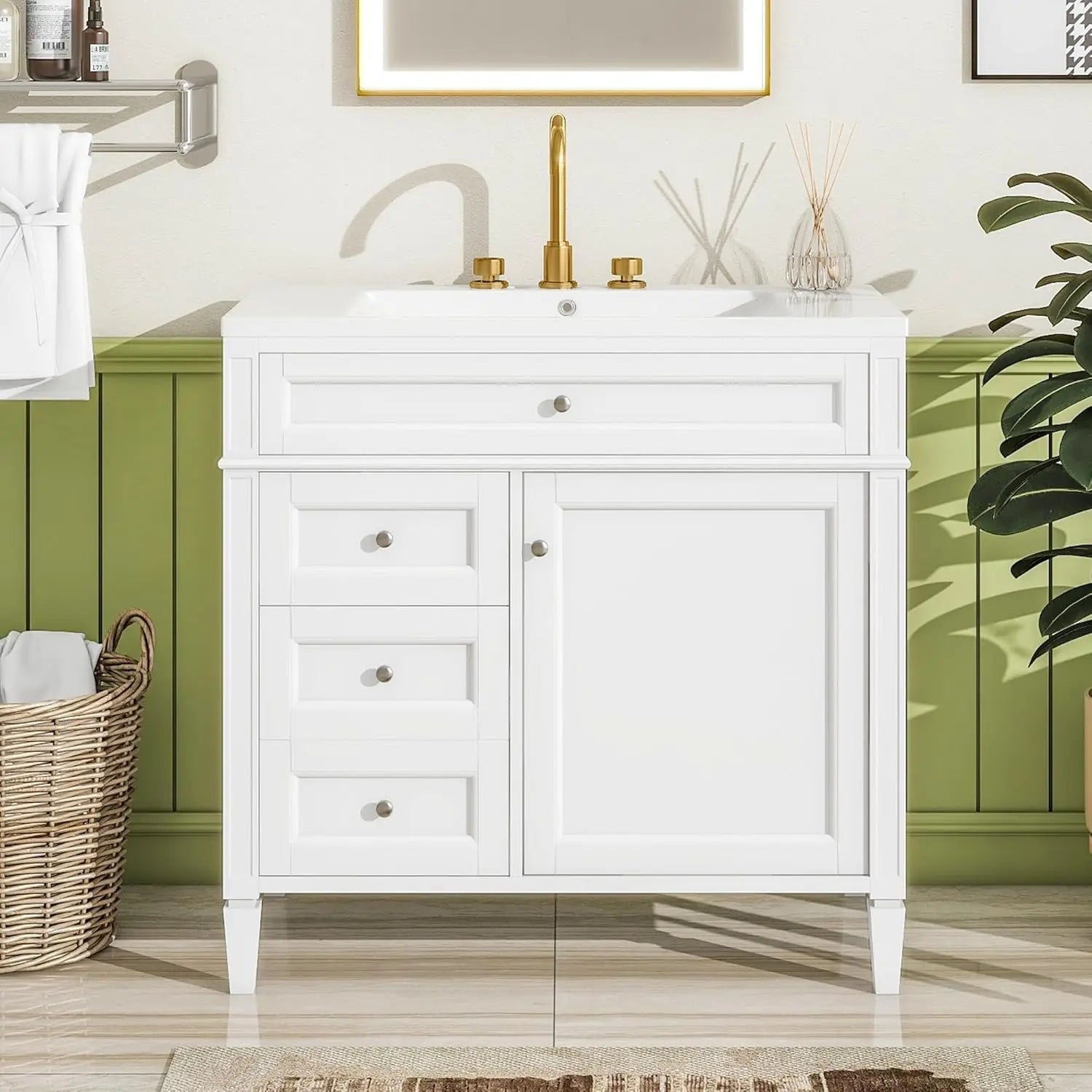Solid Wood Bathroom Vanity with Soft-Close Doors & Tip-Out Drawer Undermount Sink Cabinet Green
