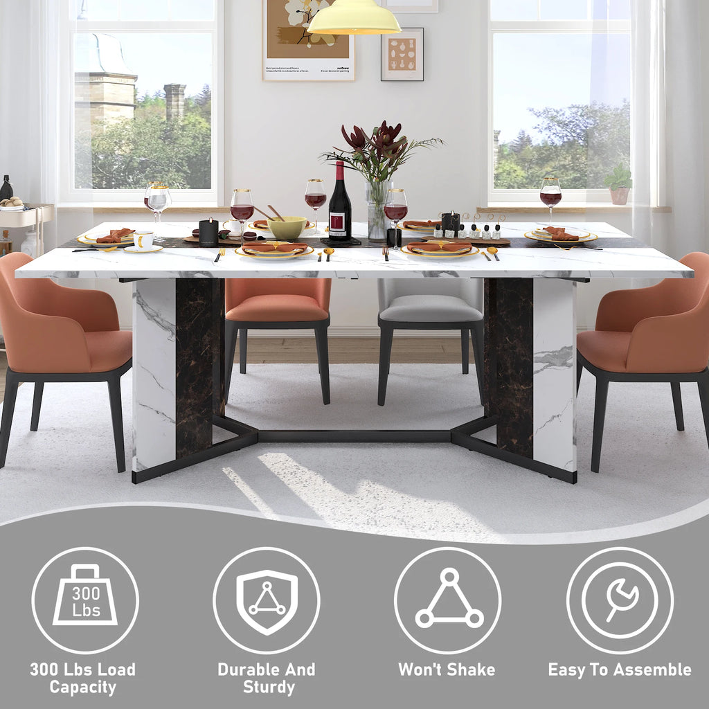 Large Rectangular White Dining Table for up to 10 People w/Marble Color, Wood Tabletop, Metal Leg