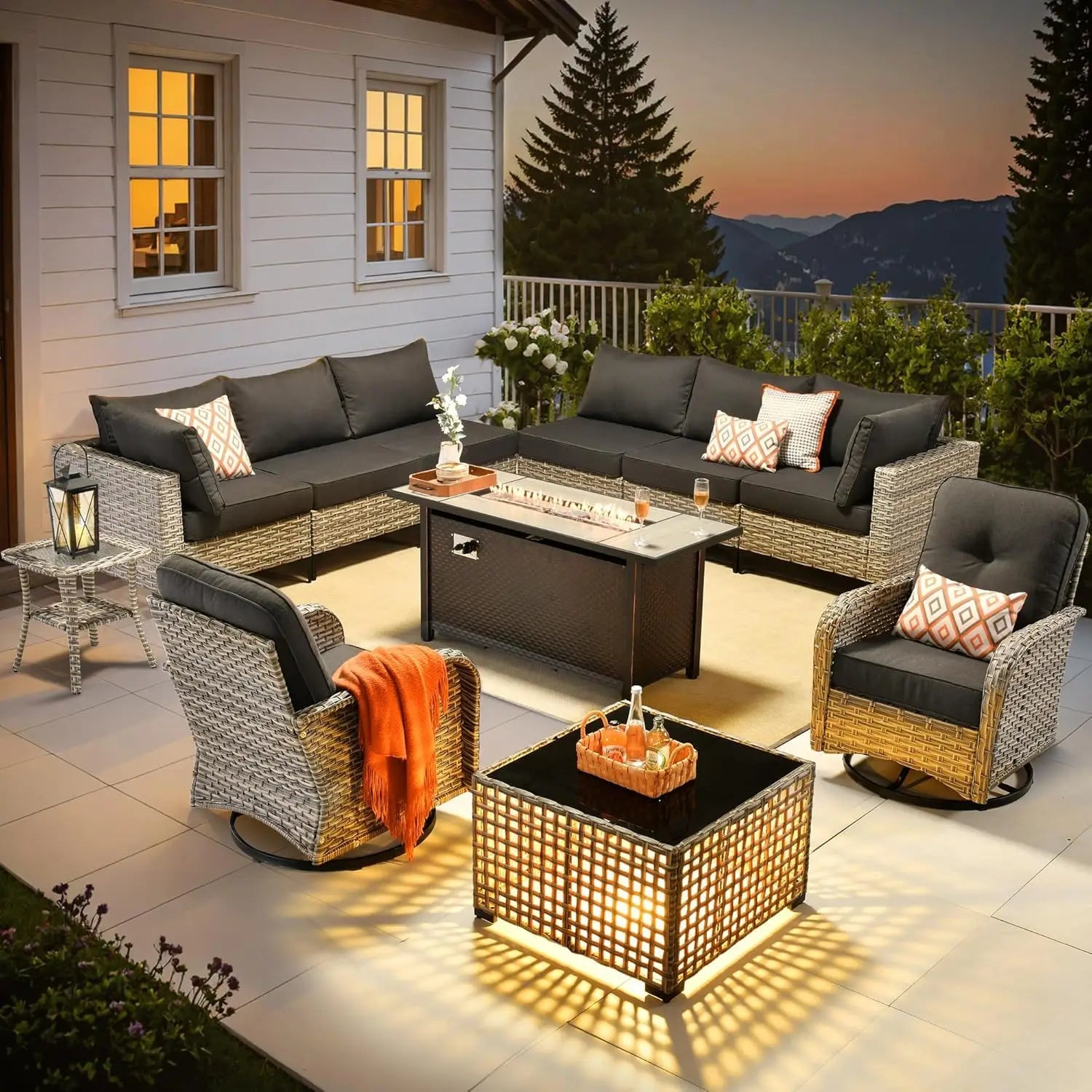 Outdoor Sectional Patio Furniture with Fire Pit Table and Swivel Rocking Chairs
