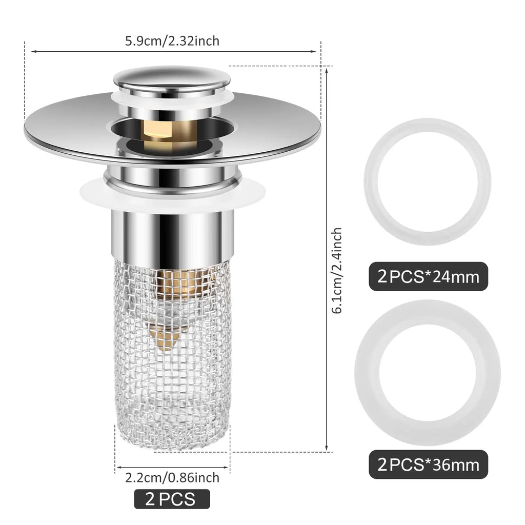Bathroom Sink Stopper Hair Catcher with Universal Pop Up Drain Filter and Stainless Steel Basket