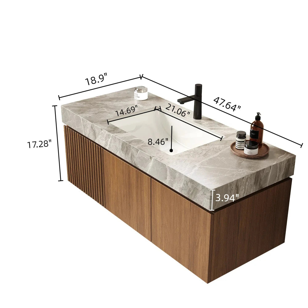 Bathroom Vanity with Sink, Wall-Mounted Plywood Bathroom Storage Cabinet with Drawer and Doors, Light Gray Sintered Stone