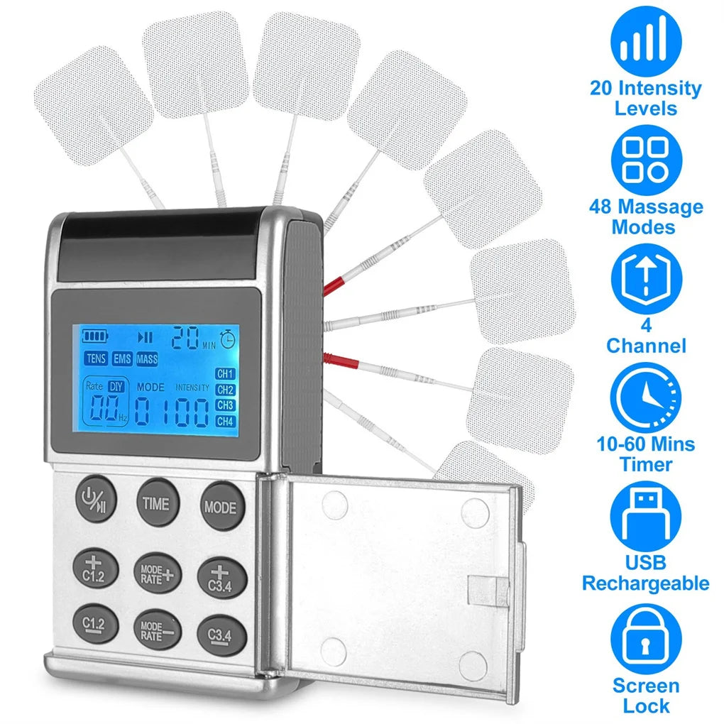 4-Channel Rechargeable TENS Unit with 8 Pads, 48 Modes & 4 Programs for Pain Relief, Muscle Training & Relaxation – Portable
